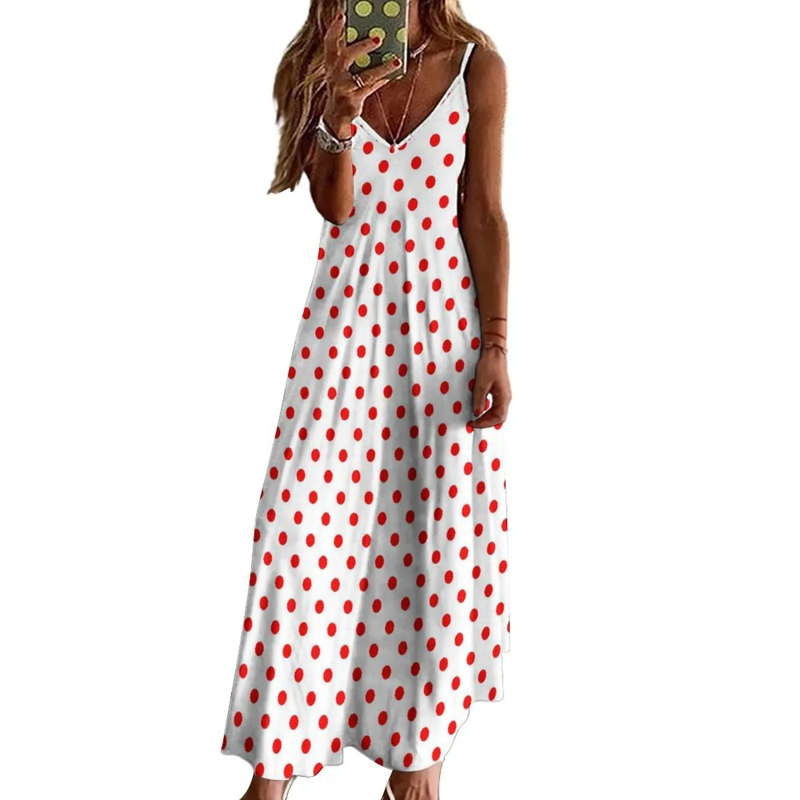 White WIth Red Polka Dots Women's Summer Slip Long Dress