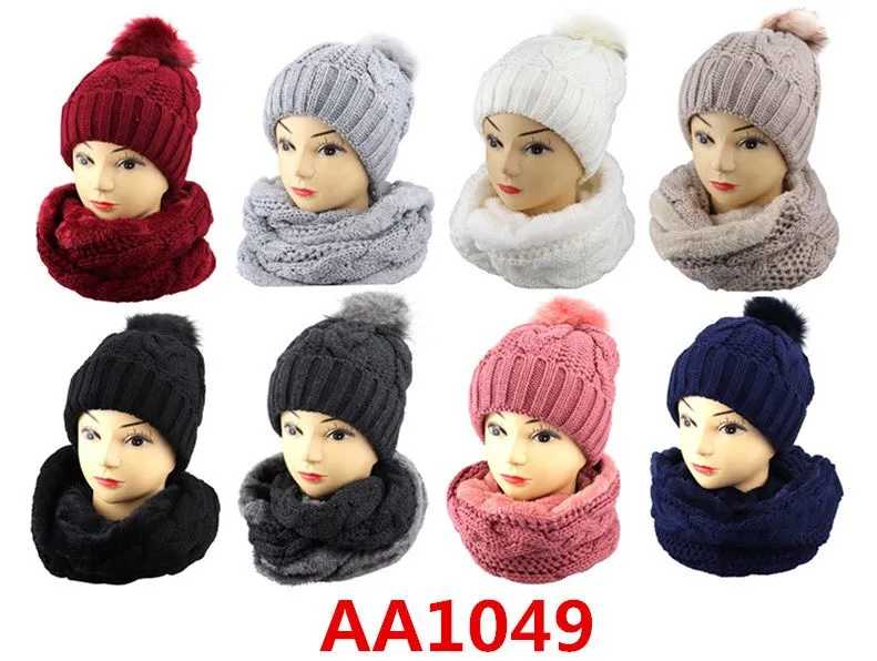 Wholesale Knit Cuffed Cable Beanie Hats W/Fur Pom And Fur Infinity Scarf 2 PC Set, AA1049