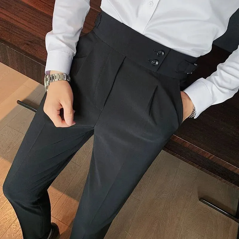 Wiaofellas  -  Men's Luxury Button-down Draped Baggy Suit Pants Casual Solid Color Straight Premium Elegant Dress Pants New Spring