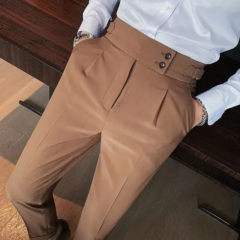 Wiaofellas  -  Men's Luxury Button-down Draped Baggy Suit Pants Casual Solid Color Straight Premium Elegant Dress Pants New Spring