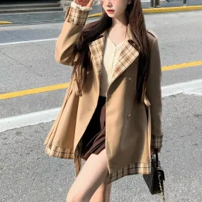 Wjczt 2024 fall fashion trends Maple Candy Girl Khaki Trench Coat Female 2024 Autumn Plaid Stitching Coat Small Versatile Mid-Length Trench Coat