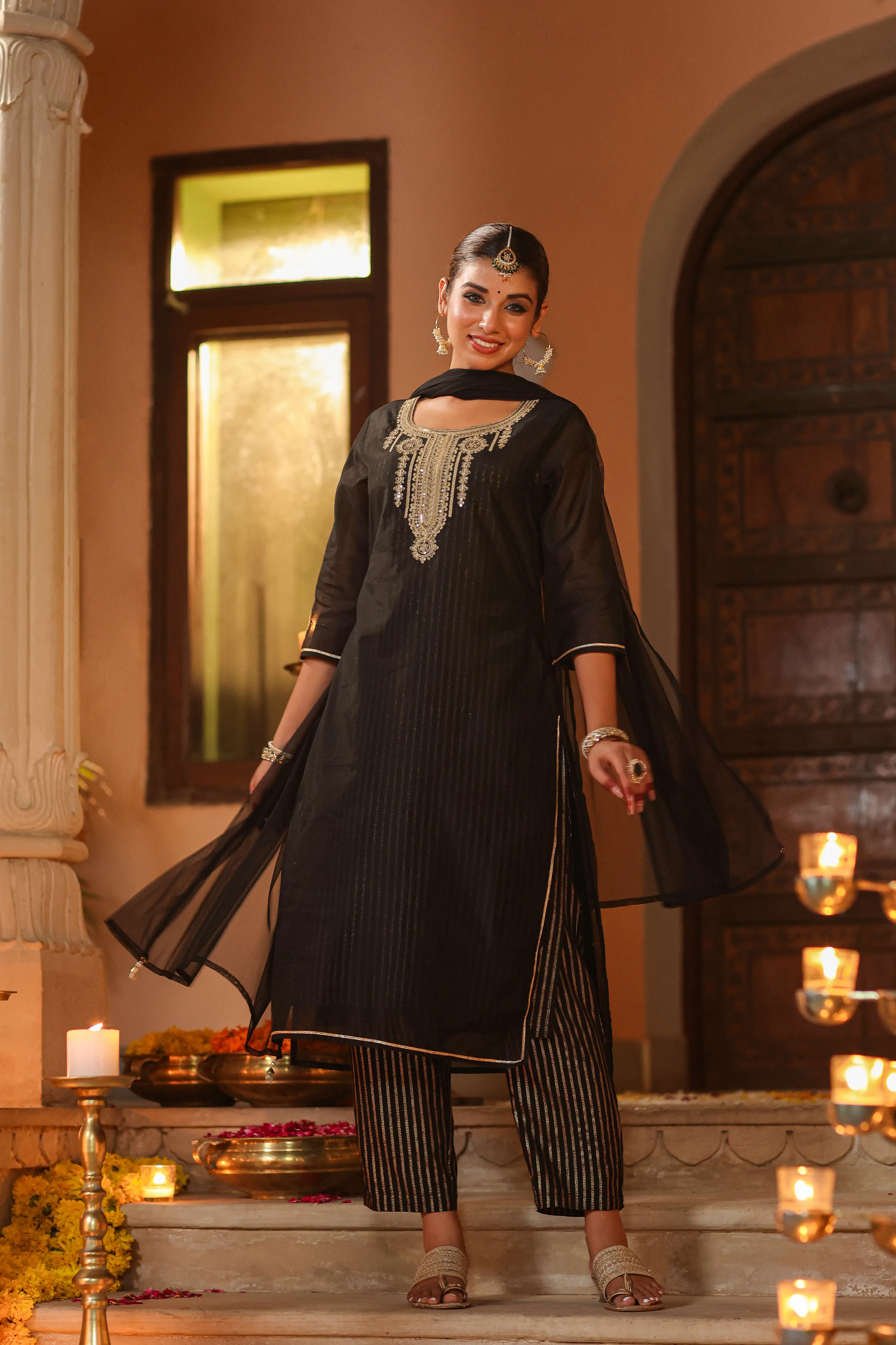 Women Black Chanderi Printed With Embroidery Kurta, Pants & Dupatta Set