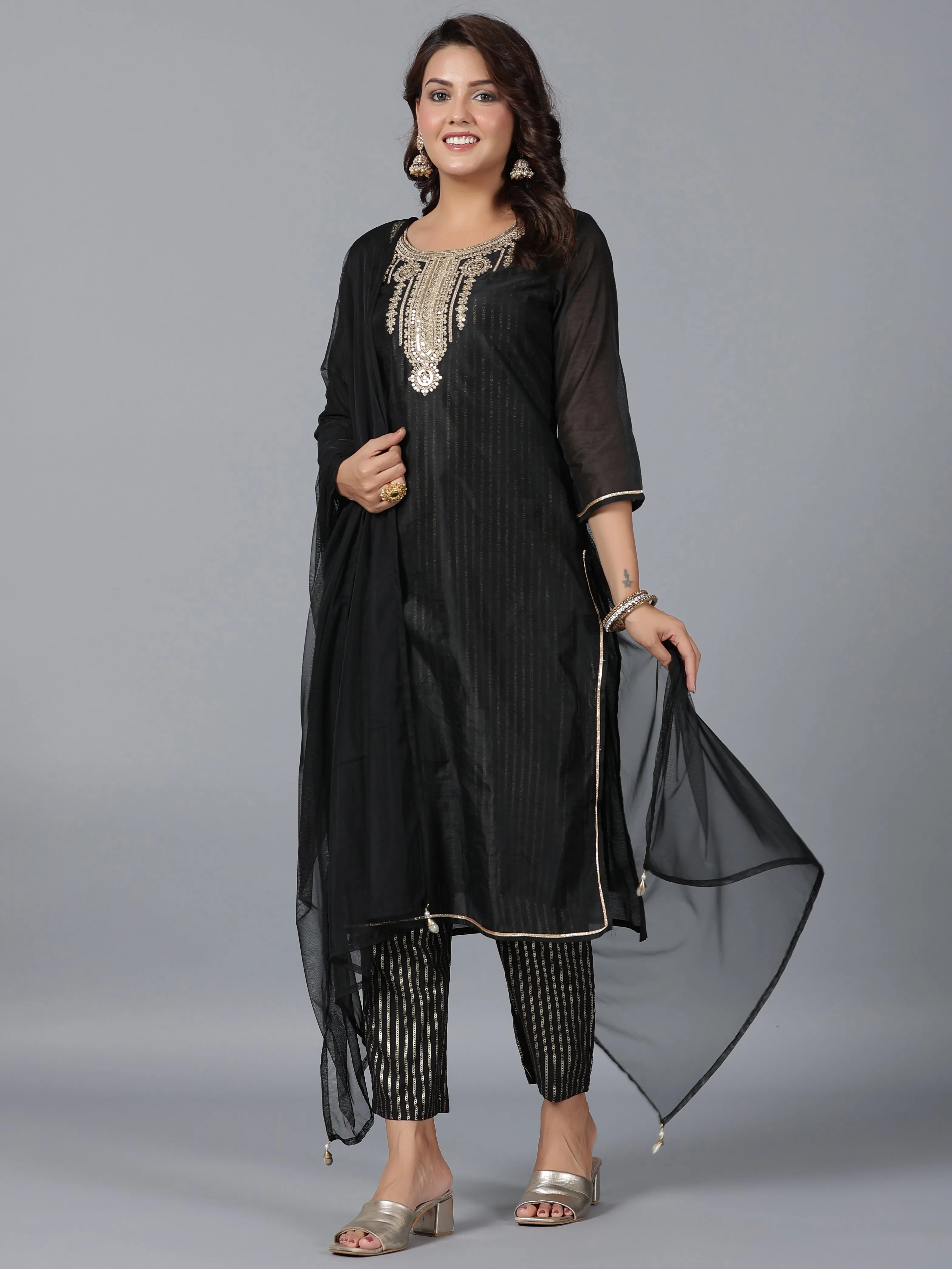 Women Black Chanderi Printed With Embroidery Kurta, Pants & Dupatta Set