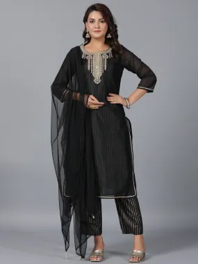 Women Black Chanderi Printed With Embroidery Kurta, Pants & Dupatta Set