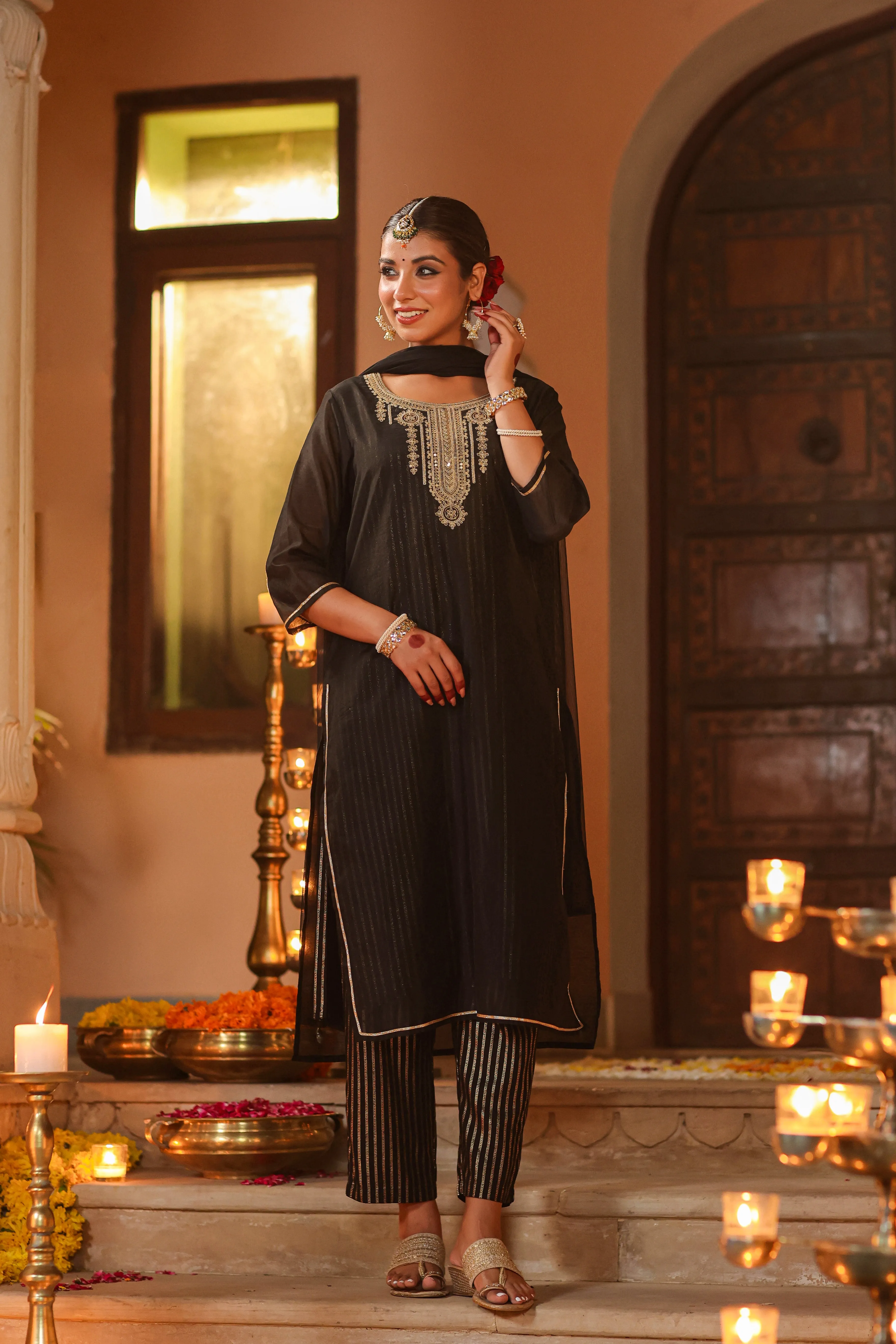 Women Black Chanderi Printed With Embroidery Kurta, Pants & Dupatta Set