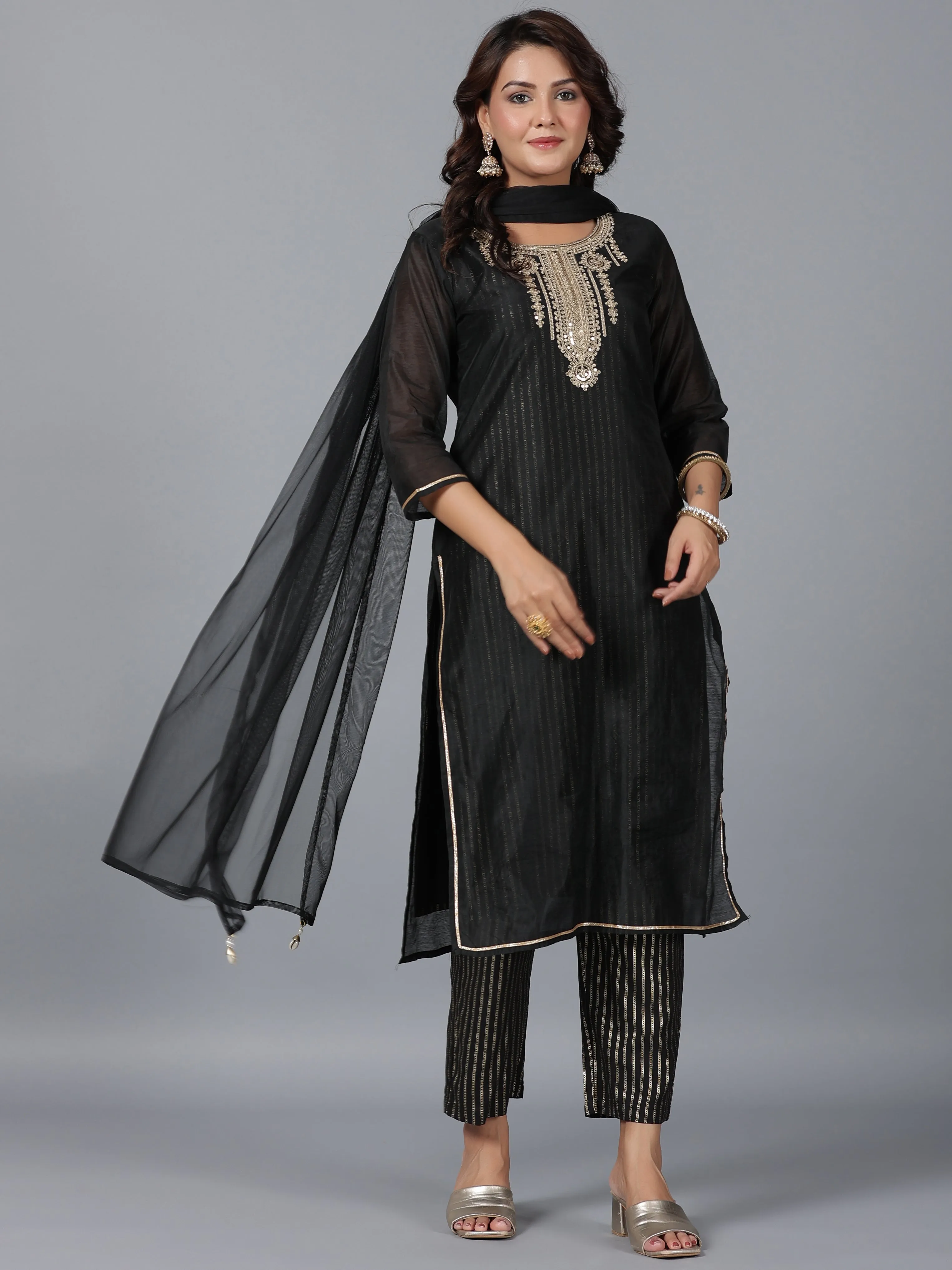 Women Black Chanderi Printed With Embroidery Kurta, Pants & Dupatta Set