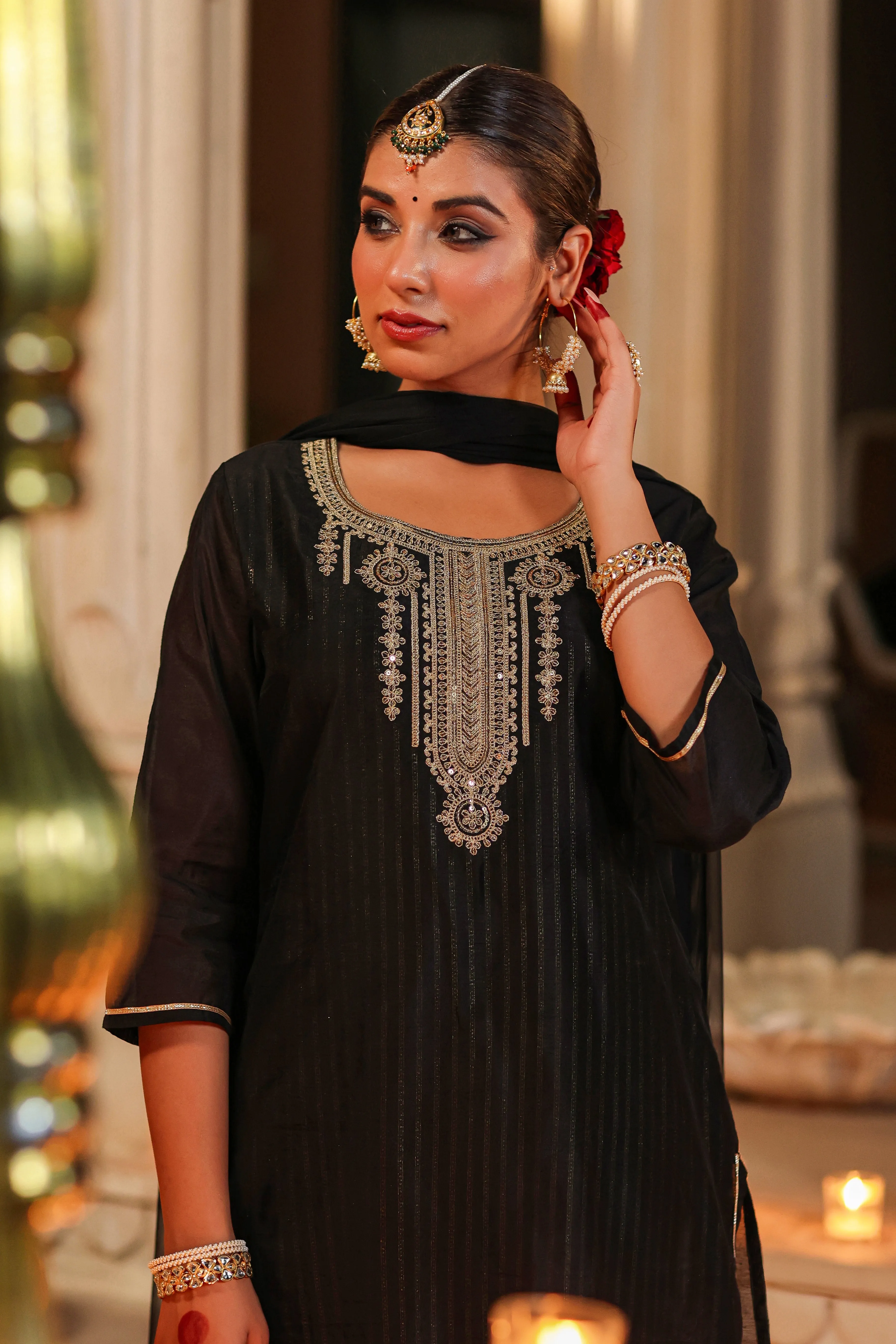 Women Black Chanderi Printed With Embroidery Kurta, Pants & Dupatta Set