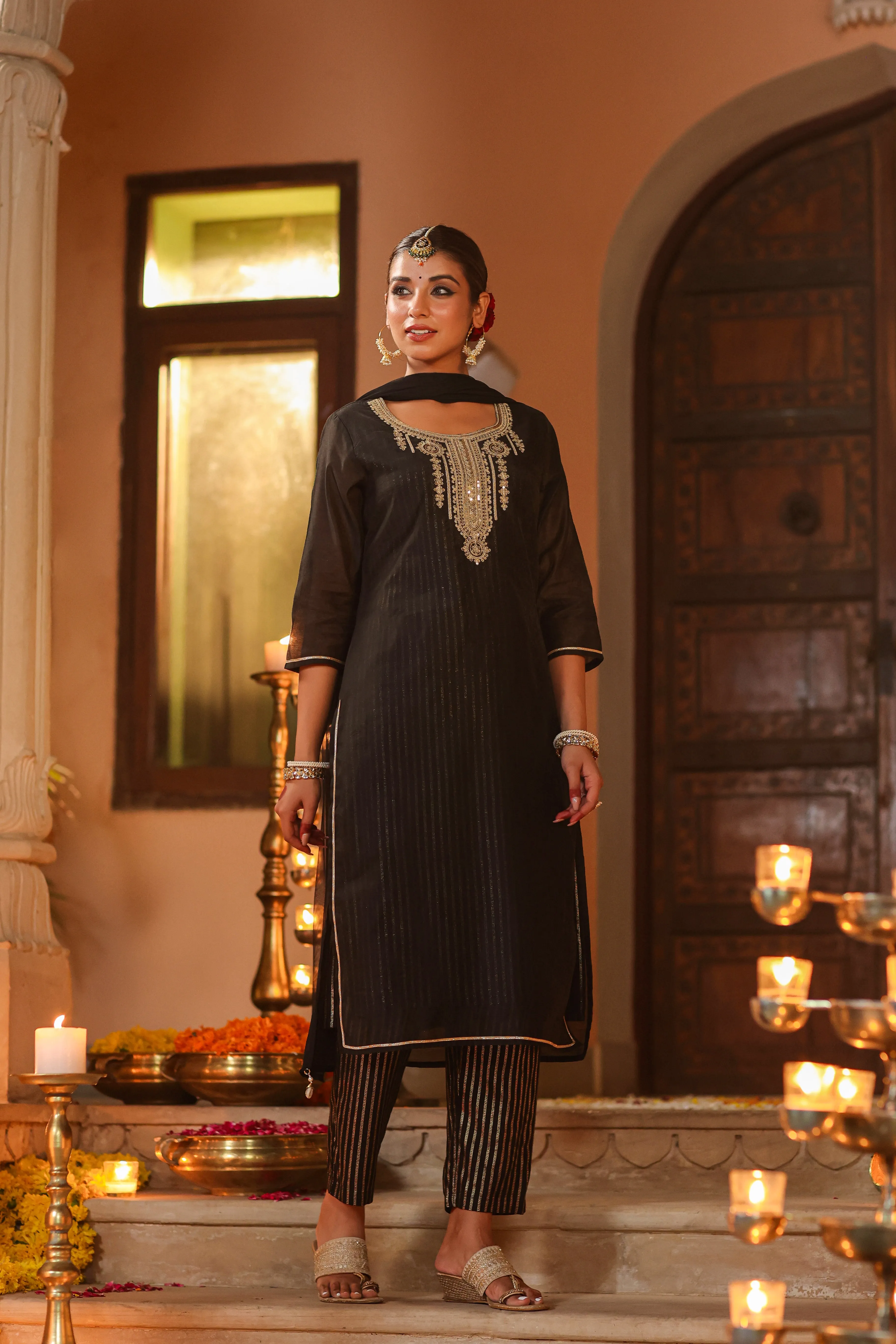 Women Black Chanderi Printed With Embroidery Kurta, Pants & Dupatta Set