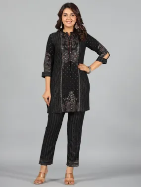 Women Black Rayon Printed Kurta Pants Set