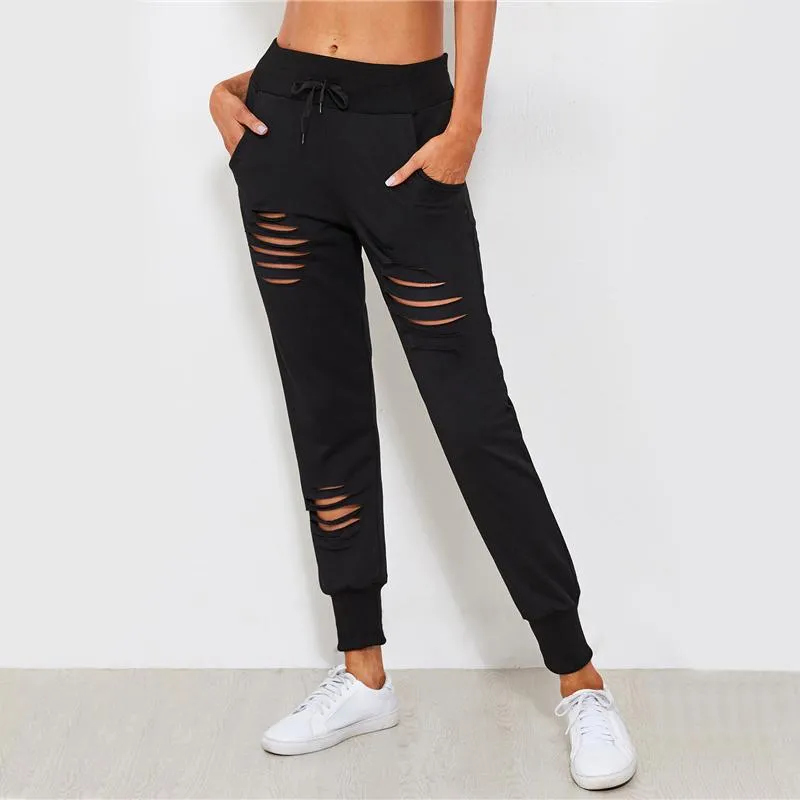 Women Drawstring Waist Ladder Ripped Sweatpants