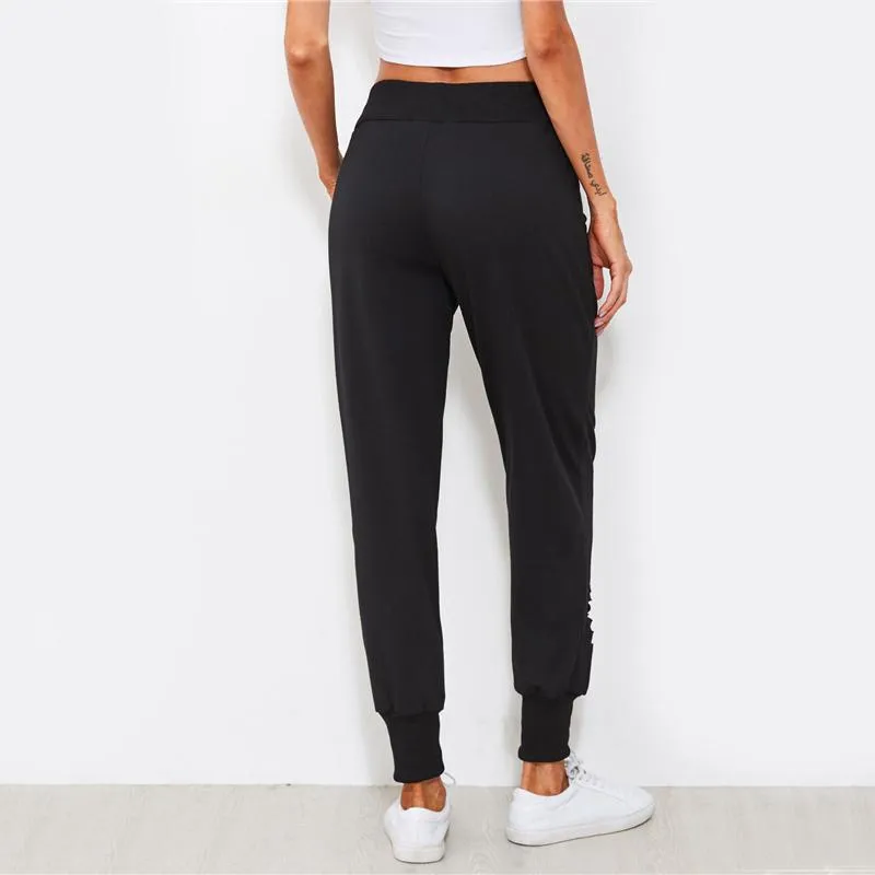 Women Drawstring Waist Ladder Ripped Sweatpants