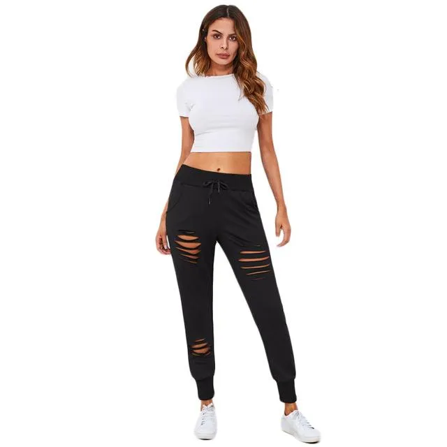 Women Drawstring Waist Ladder Ripped Sweatpants