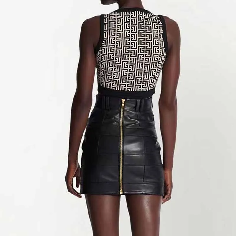 Women High Waist Gold Button Mini Leather Skirt