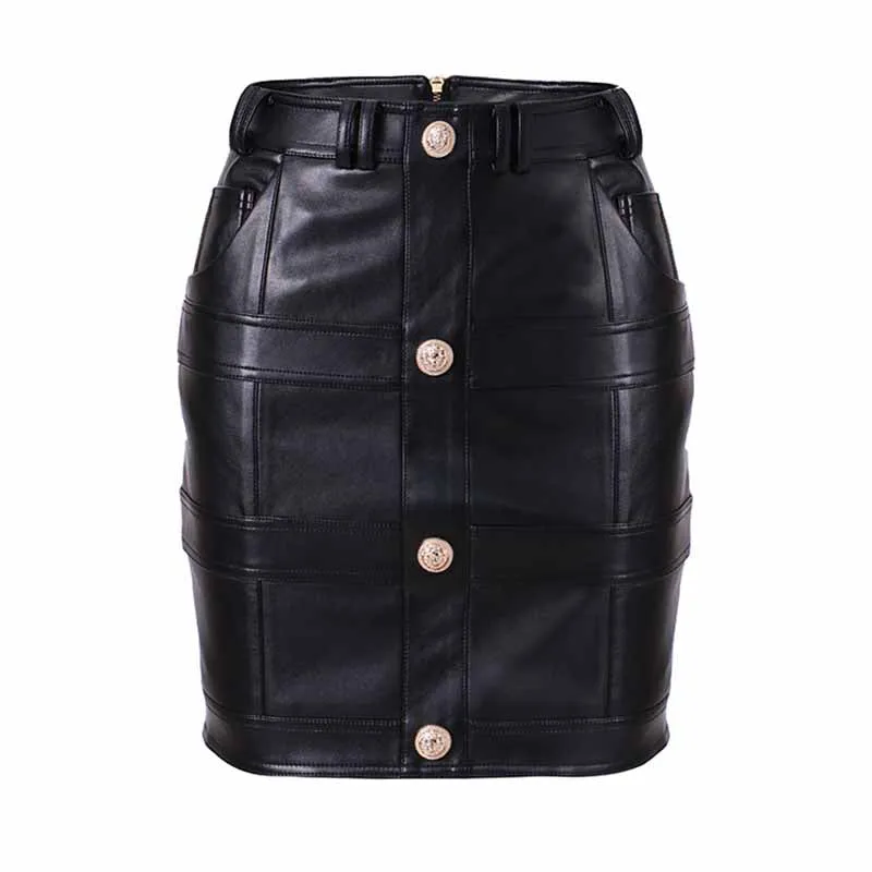 Women High Waist Gold Button Mini Leather Skirt