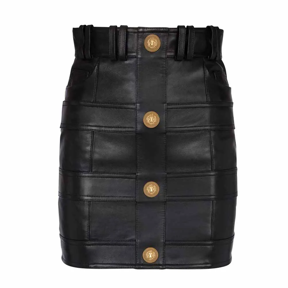 Women High Waist Gold Button Mini Leather Skirt