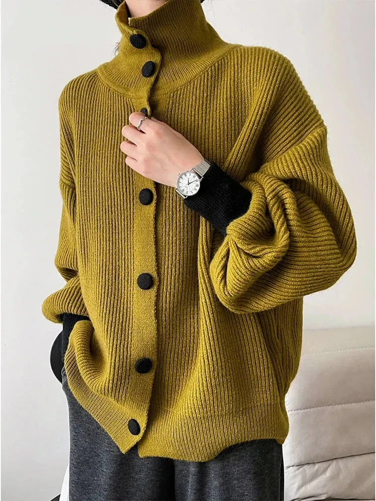 Women Knitted Cardigan Sweater Fashion Autumn Winter Long Sleeve Turtleneck Loose Coat Casual Sweater Female Top Apricot