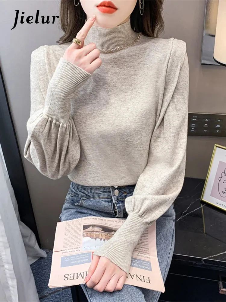 Women Knitted Sweaters Autumn Winter Half Turtleneck Diamond Latern Sleeve Blue Pullovers New Female Elegant Jumper Tops