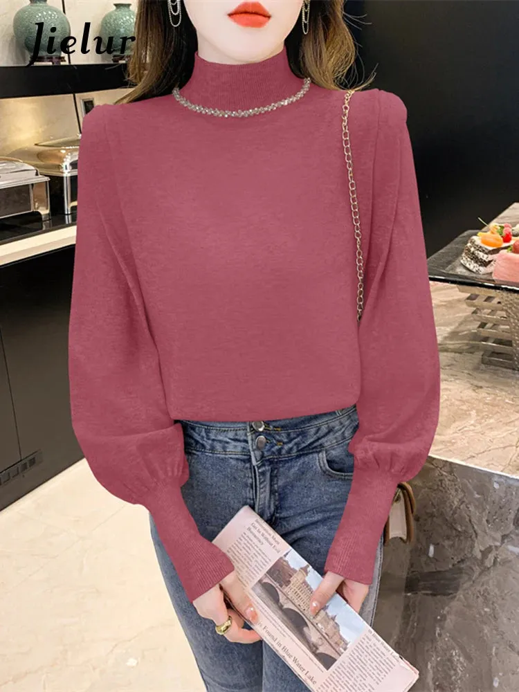 Women Knitted Sweaters Autumn Winter Half Turtleneck Diamond Latern Sleeve Blue Pullovers New Female Elegant Jumper Tops