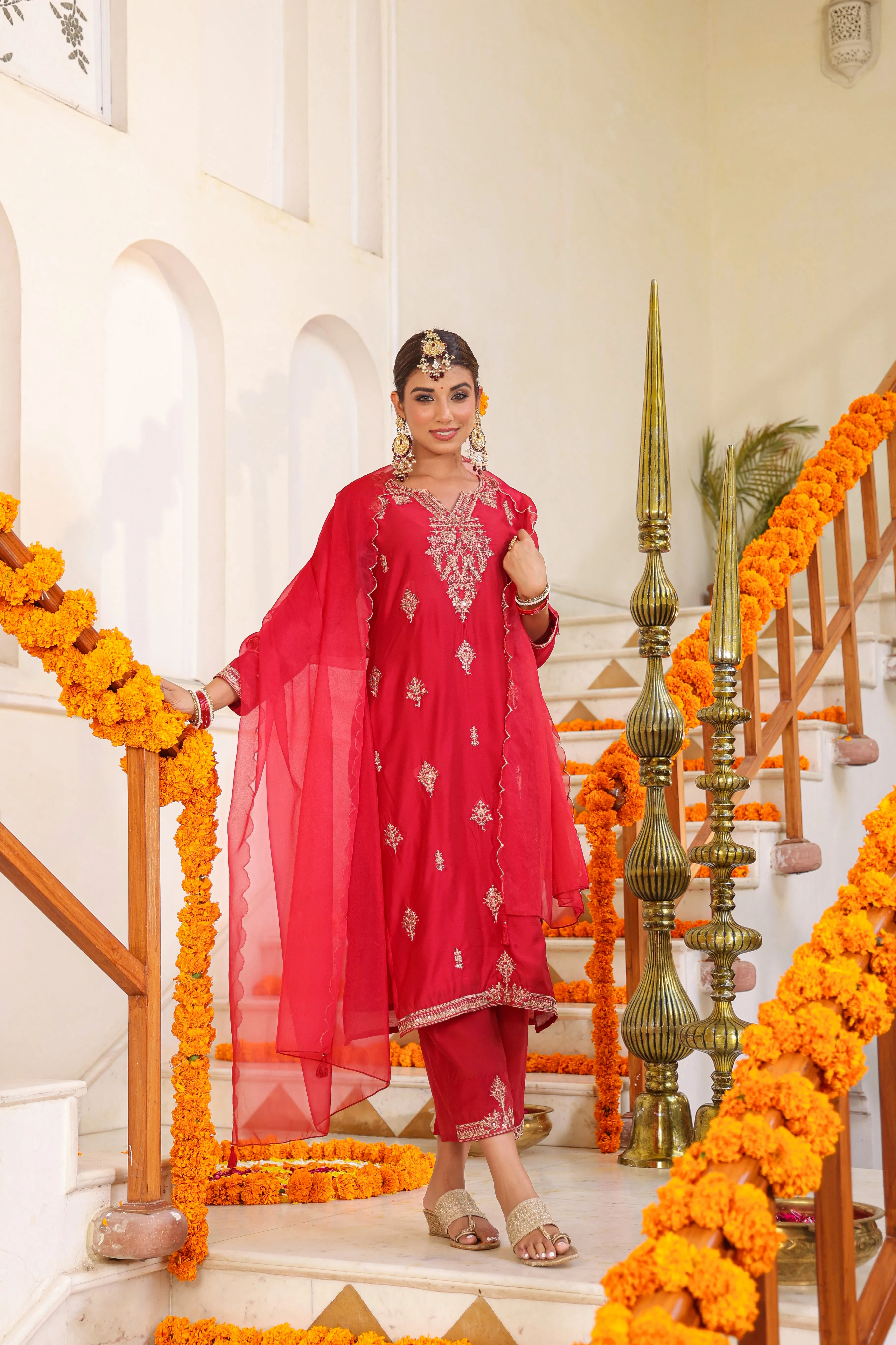 Women Red Chanderi Embroidered Kurta, Pants & Dupatta Set