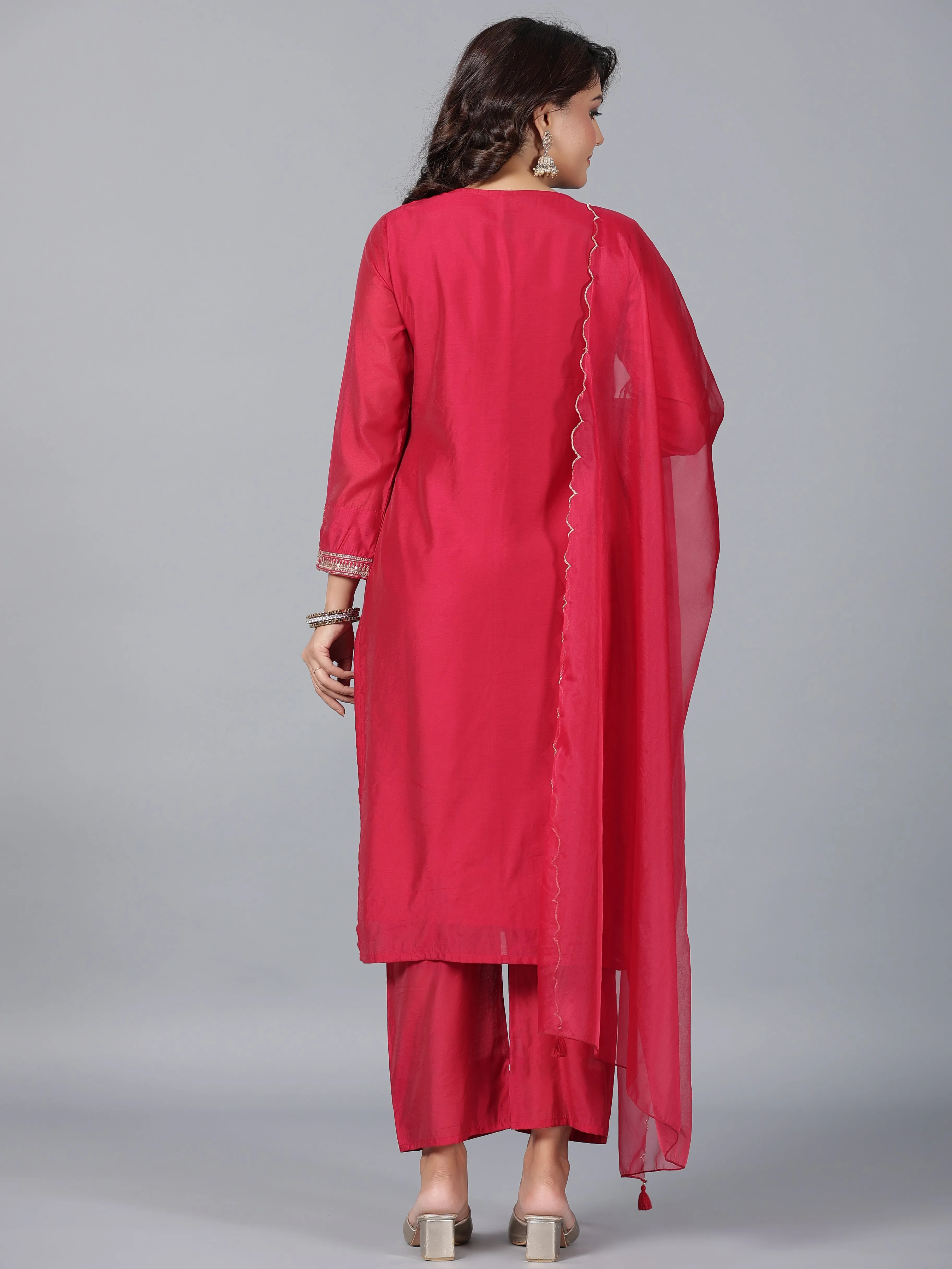 Women Red Chanderi Embroidered Kurta, Pants & Dupatta Set