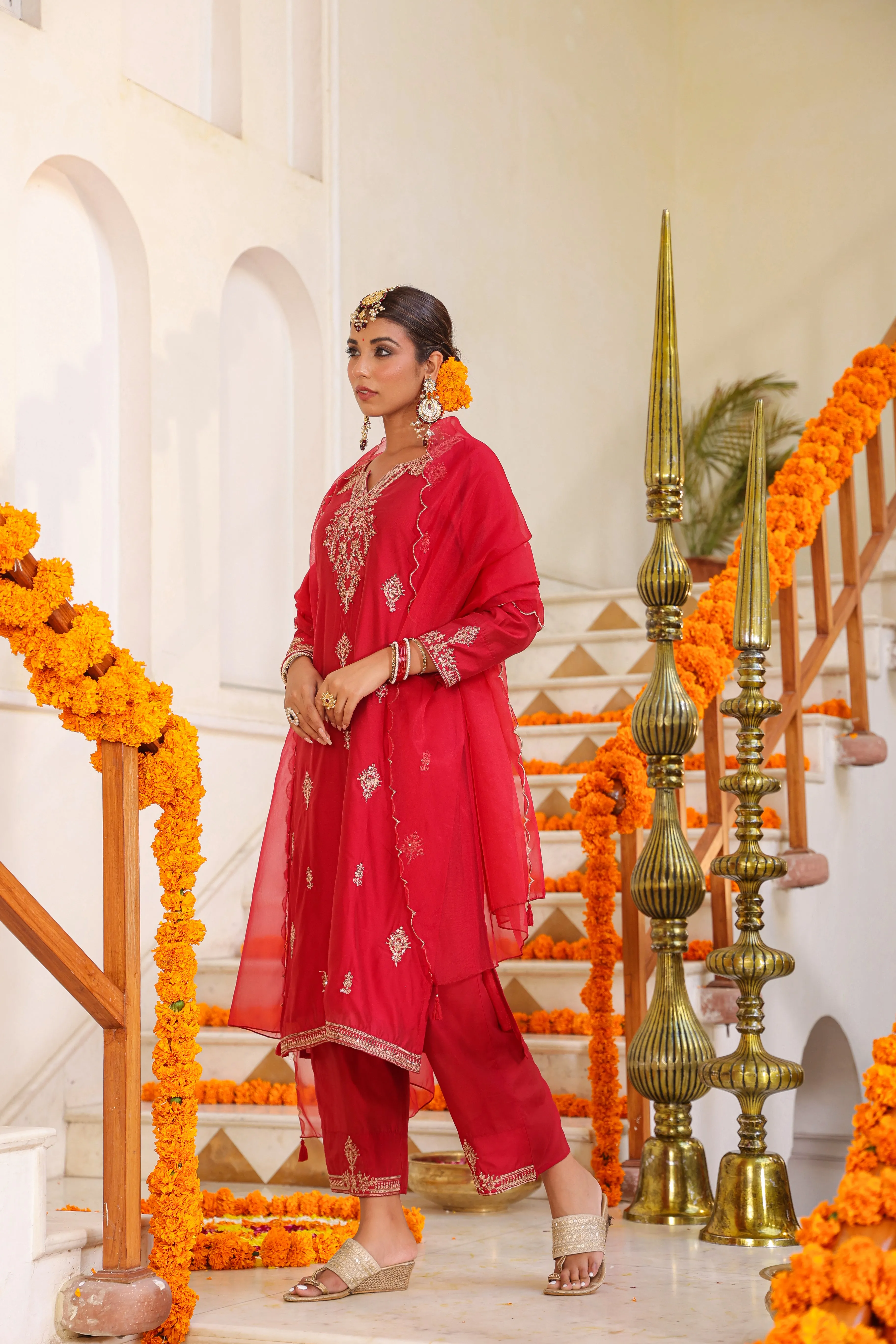 Women Red Chanderi Embroidered Kurta, Pants & Dupatta Set