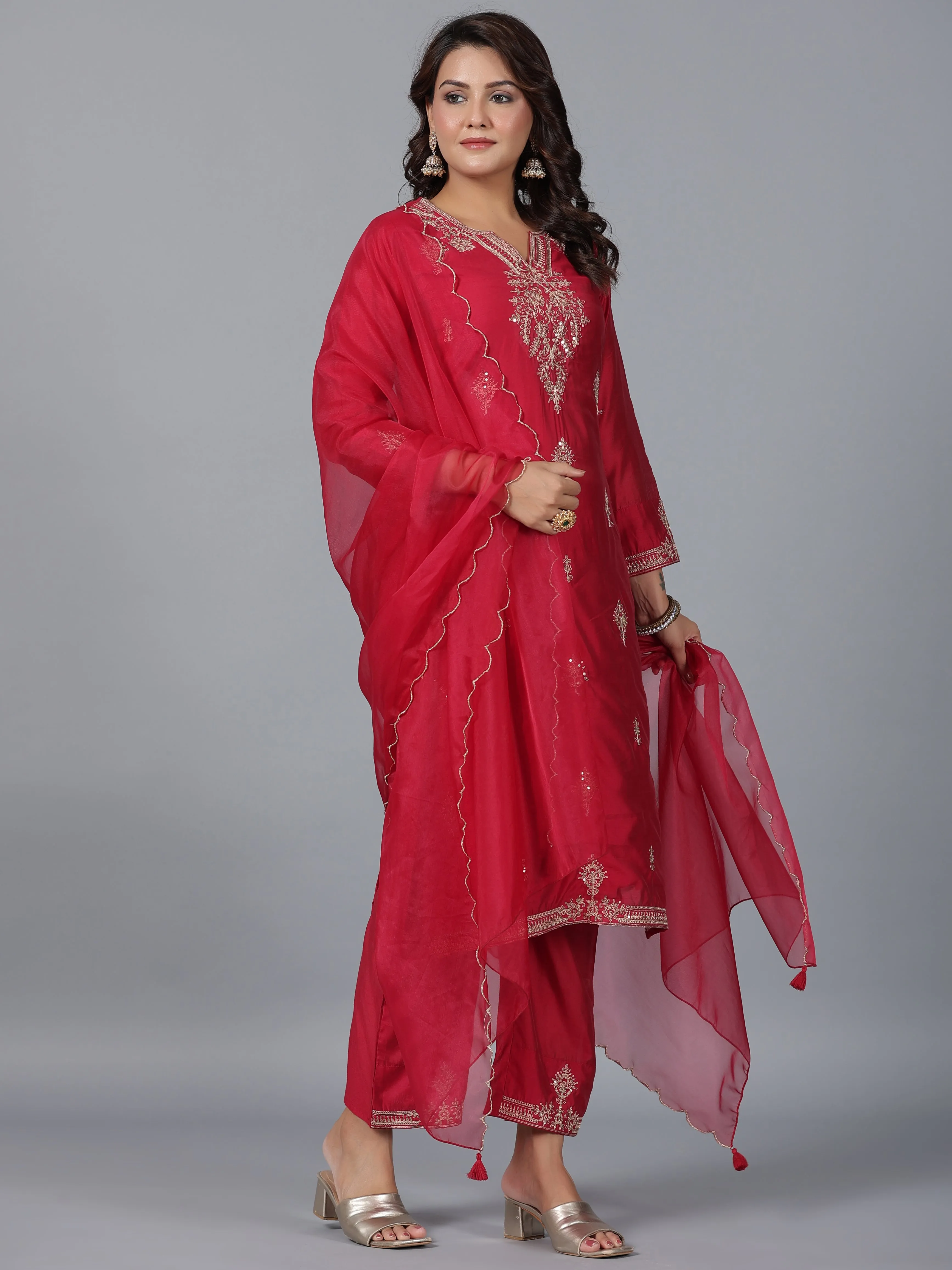 Women Red Chanderi Embroidered Kurta, Pants & Dupatta Set