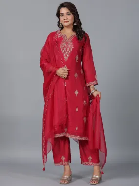 Women Red Chanderi Embroidered Kurta, Pants & Dupatta Set