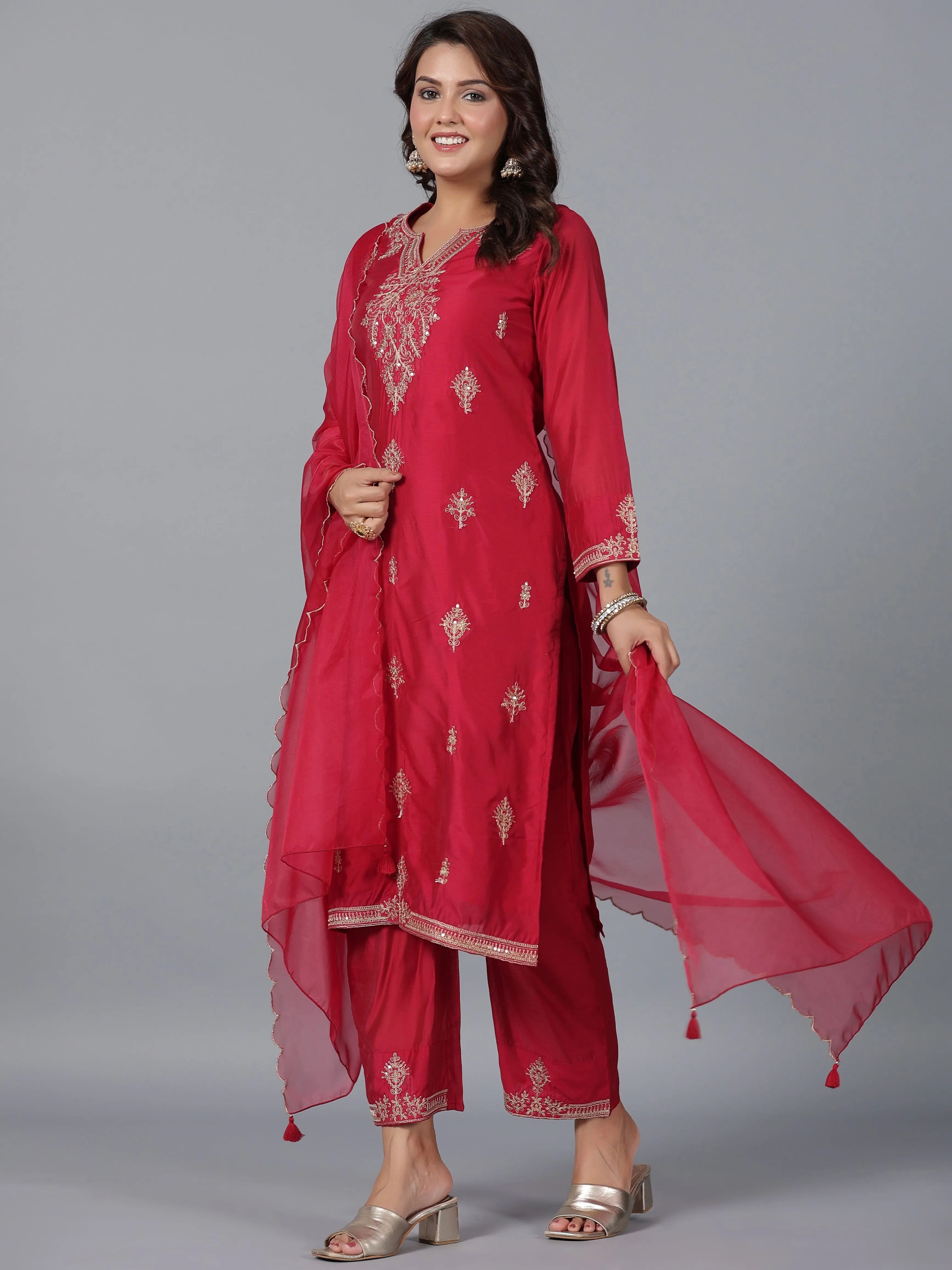 Women Red Chanderi Embroidered Kurta, Pants & Dupatta Set