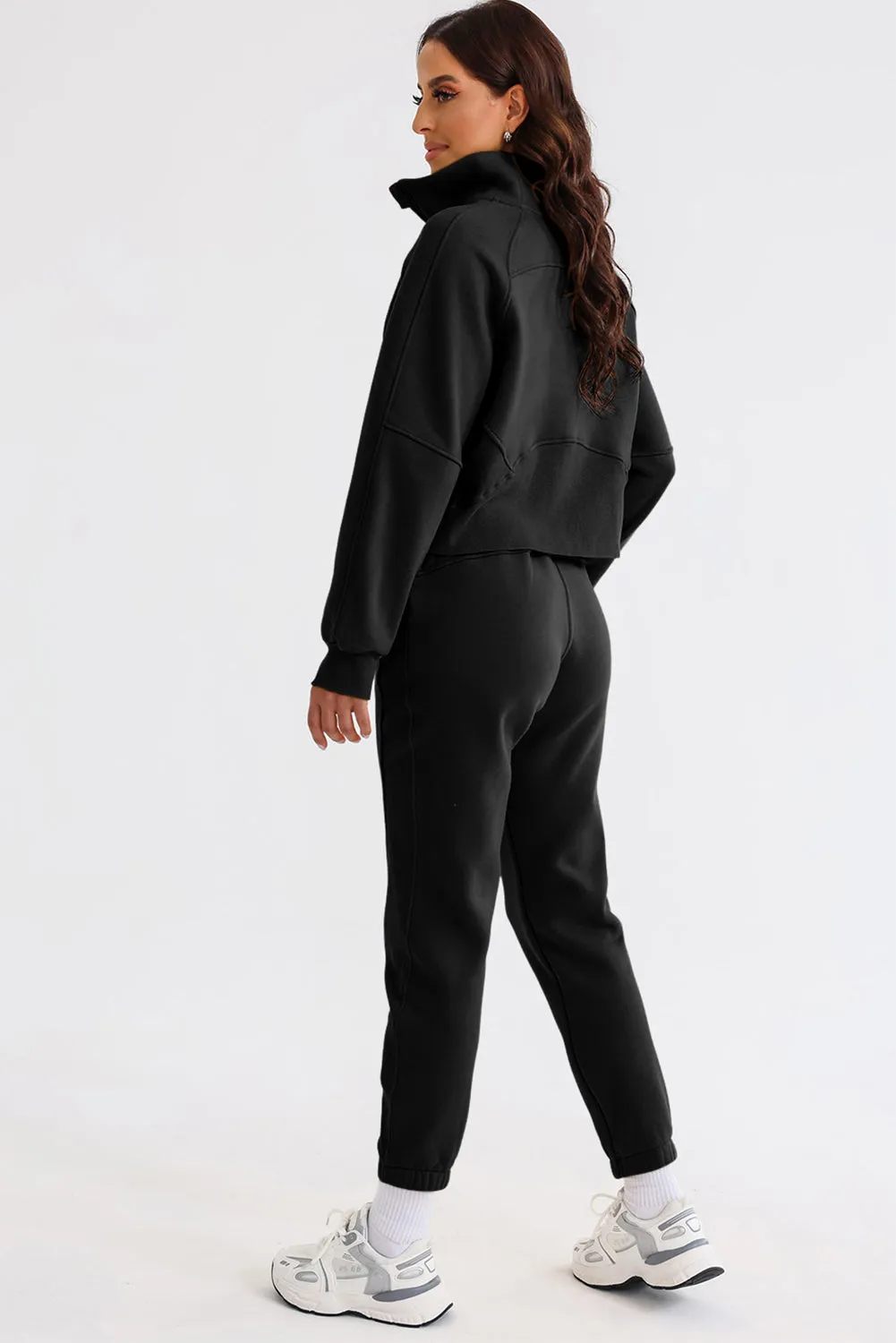 Women's Solid Color Half Zip Sweatshirt and Sweatpants Sports Set