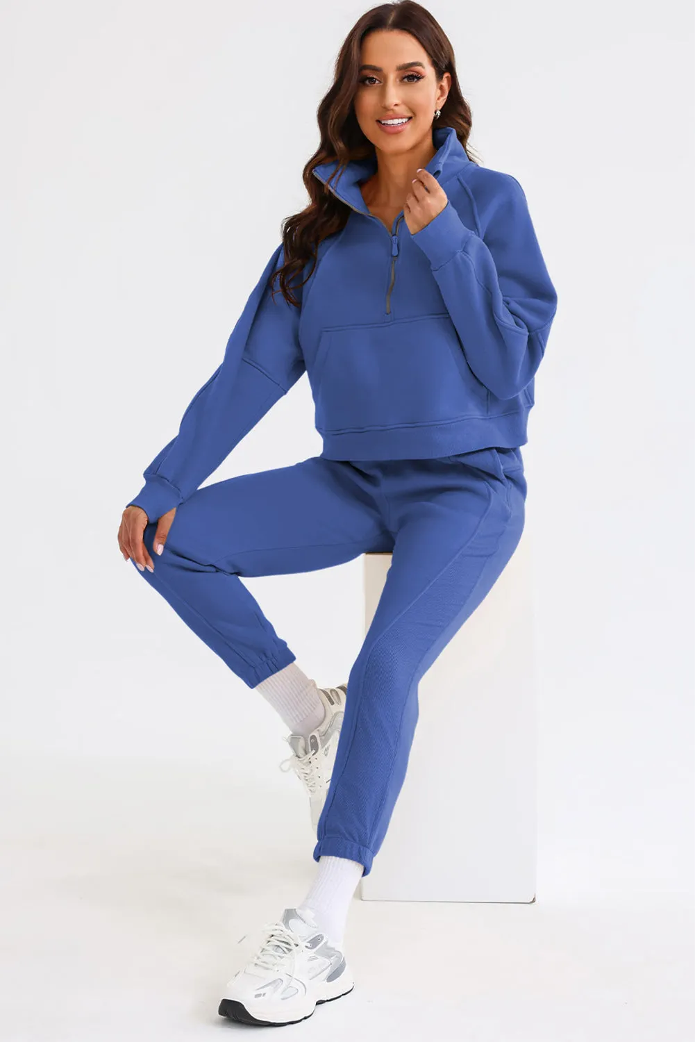 Women's Solid Color Half Zip Sweatshirt and Sweatpants Sports Set