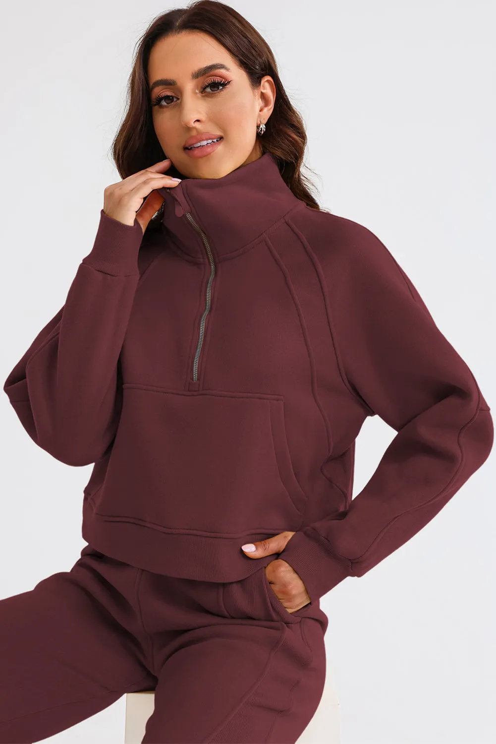 Women's Solid Color Half Zip Sweatshirt and Sweatpants Sports Set