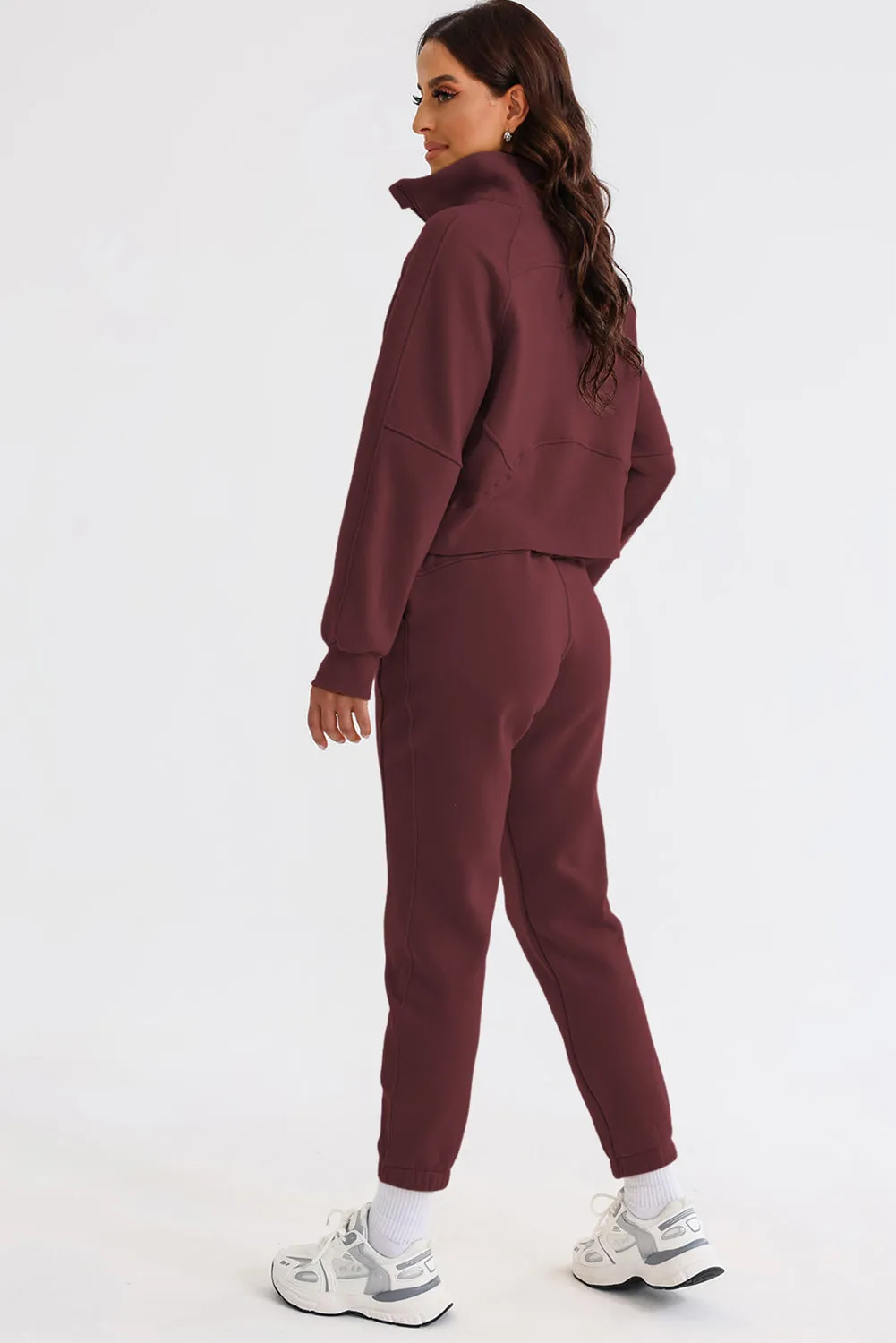 Women's Solid Color Half Zip Sweatshirt and Sweatpants Sports Set