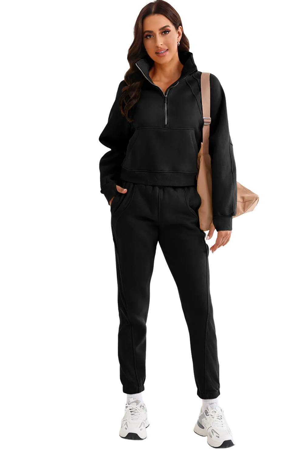 Women's Solid Color Half Zip Sweatshirt and Sweatpants Sports Set