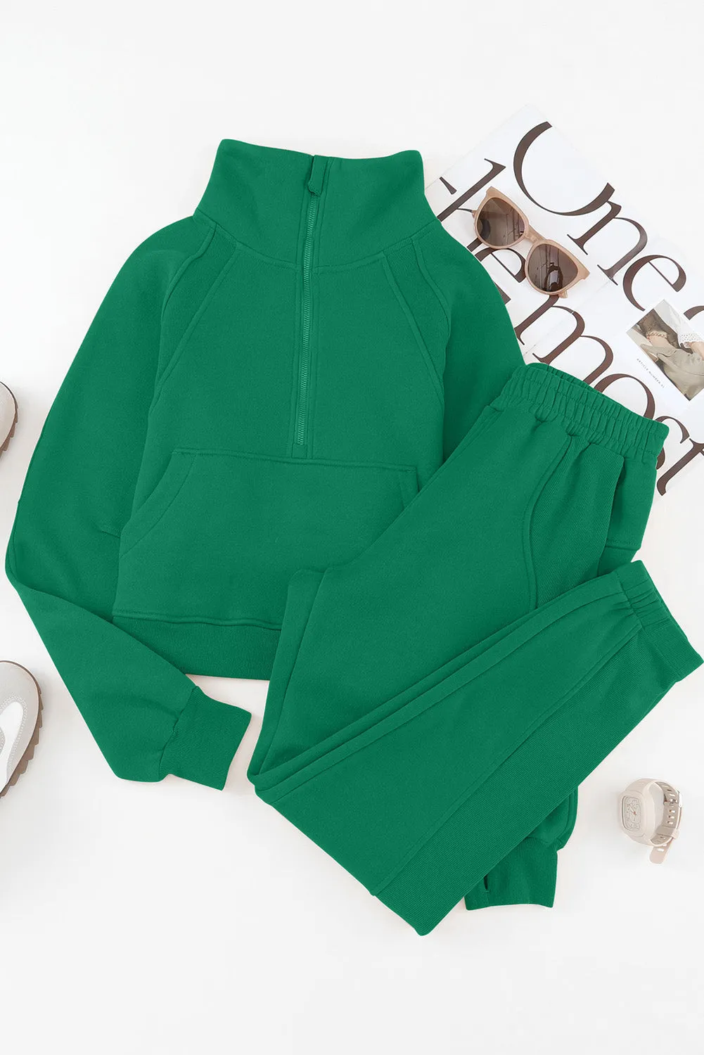 Women's Solid Color Half Zip Sweatshirt and Sweatpants Sports Set