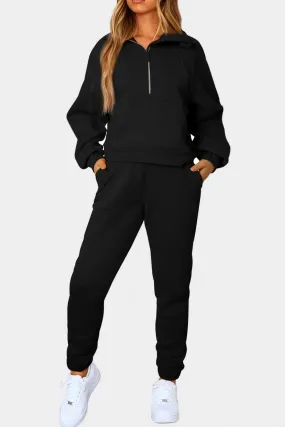 Women's Solid Color Half Zip Sweatshirt and Sweatpants Sports Set