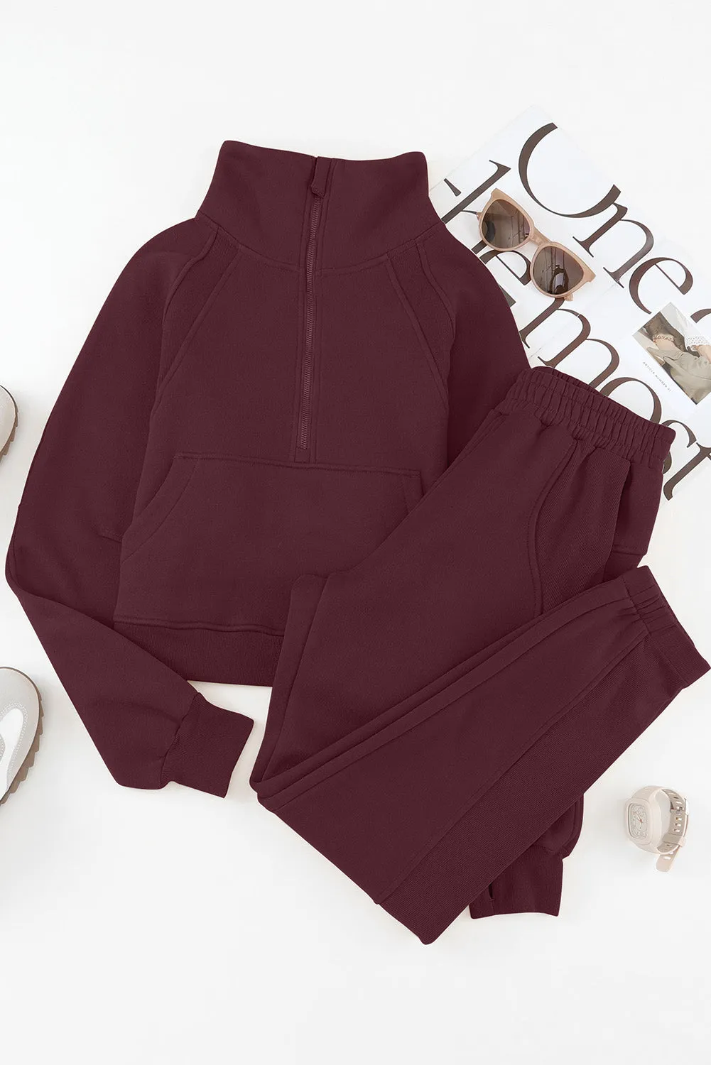 Women's Solid Color Half Zip Sweatshirt and Sweatpants Sports Set