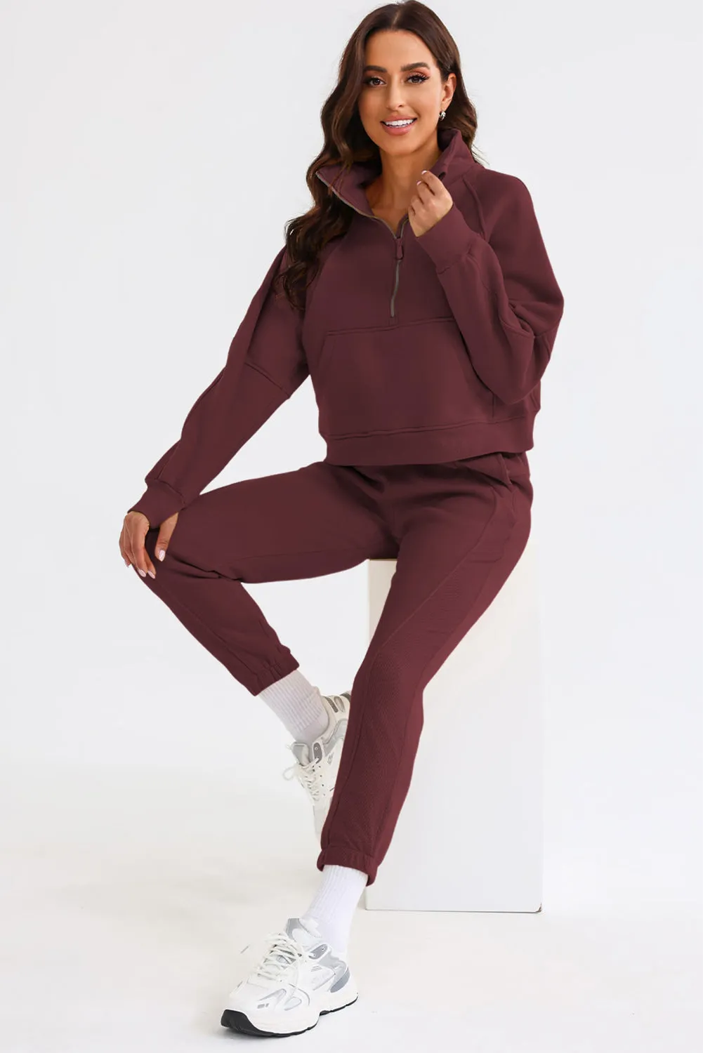 Women's Solid Color Half Zip Sweatshirt and Sweatpants Sports Set