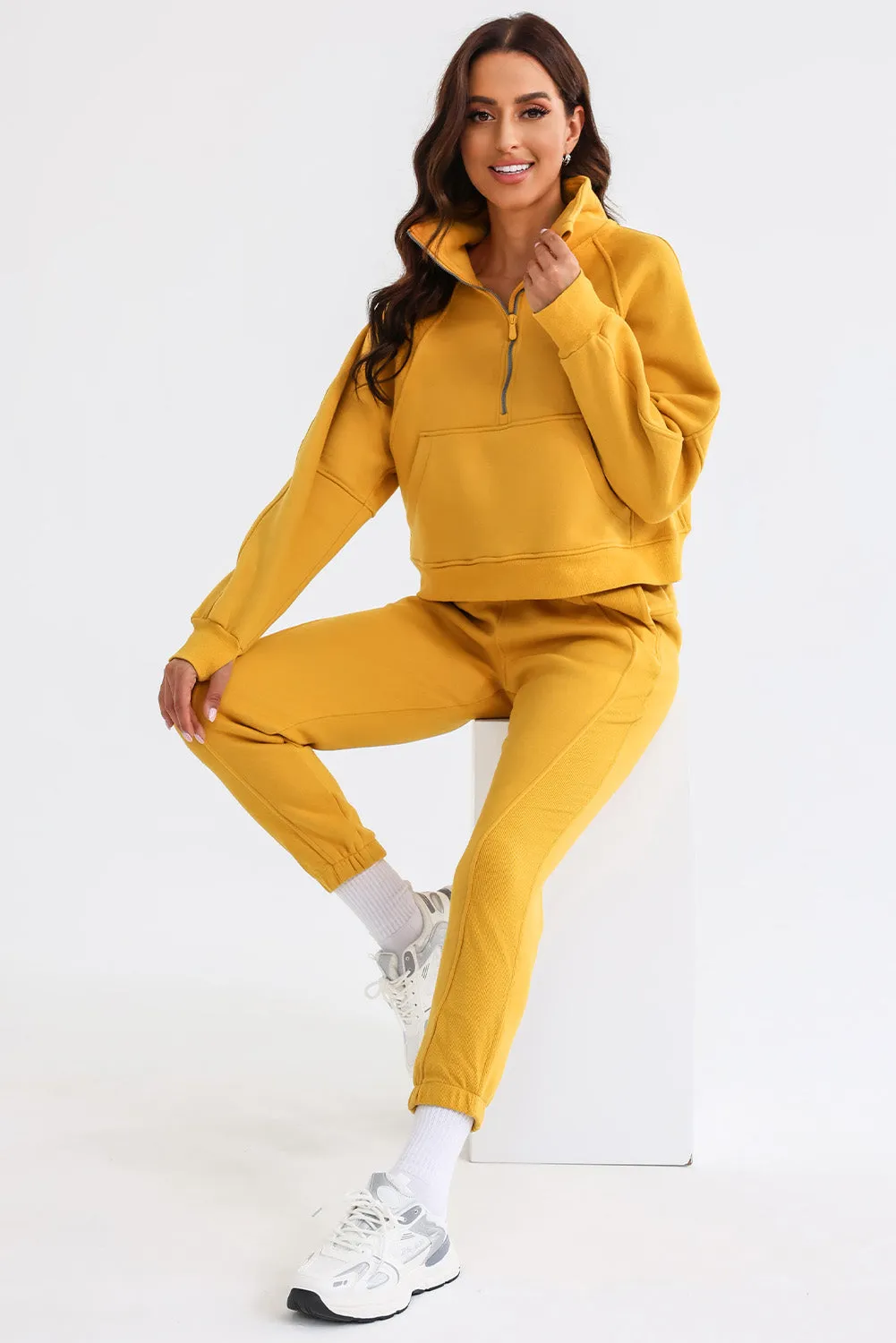 Women's Solid Color Half Zip Sweatshirt and Sweatpants Sports Set