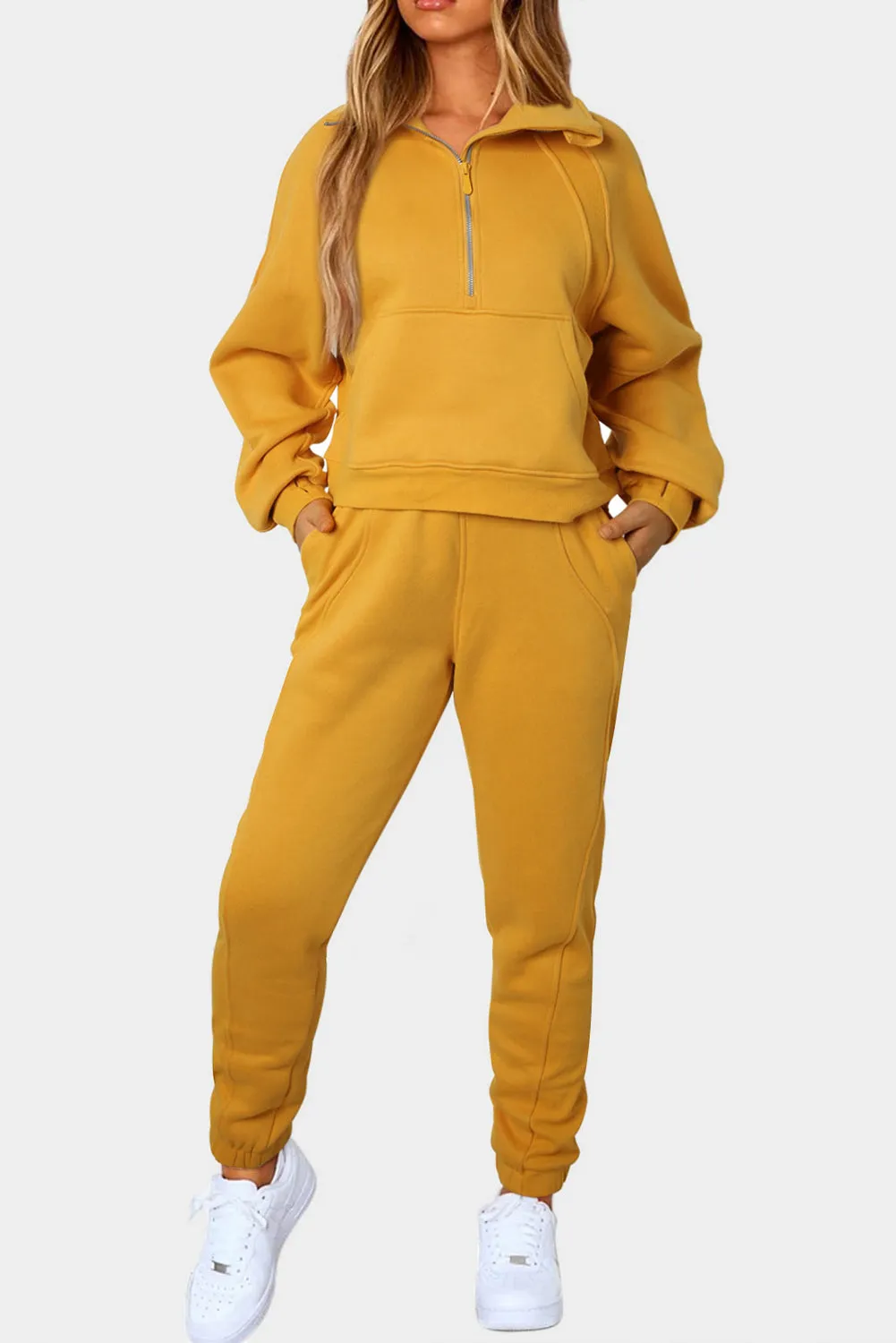 Women's Solid Color Half Zip Sweatshirt and Sweatpants Sports Set