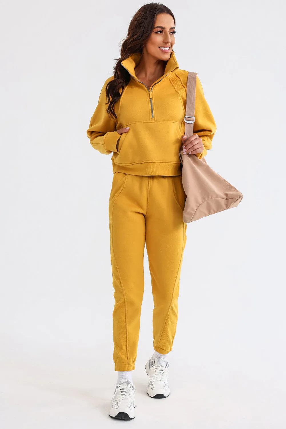 Women's Solid Color Half Zip Sweatshirt and Sweatpants Sports Set