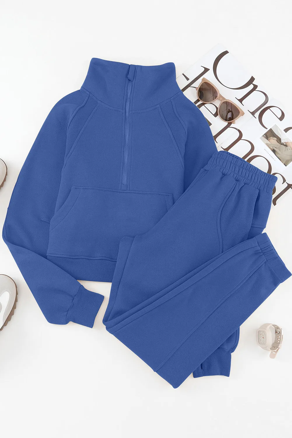 Women's Solid Color Half Zip Sweatshirt and Sweatpants Sports Set