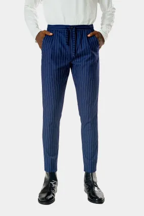 Wool Drawstring Pants in Blue Pinstripe