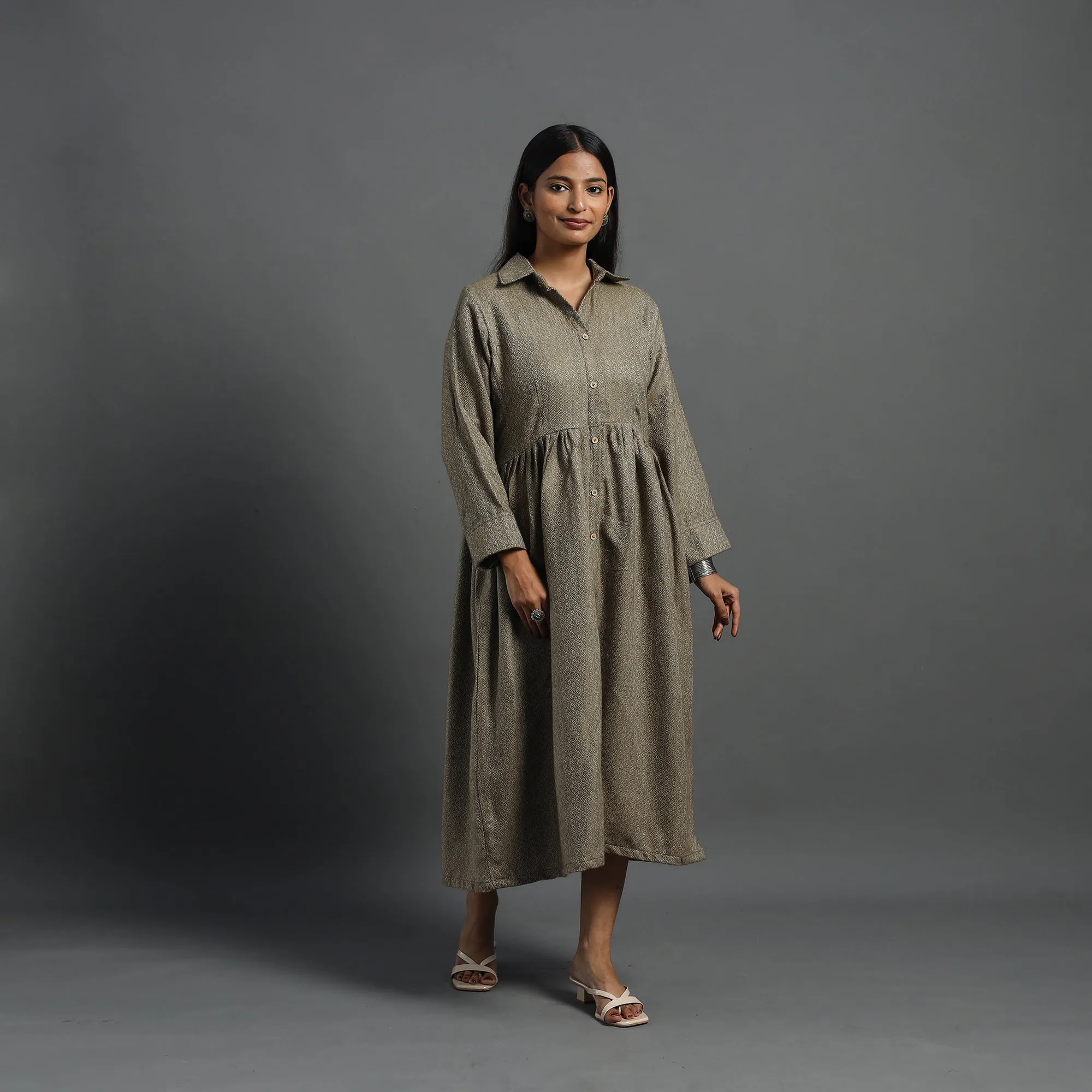 Zeenat Brown Plain Button Down Woollen Dress 09