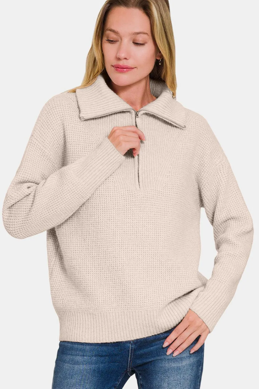 Zenana Sweater Women Half Zip Turtleneck Long Sleeve Basic Mocha Pullover